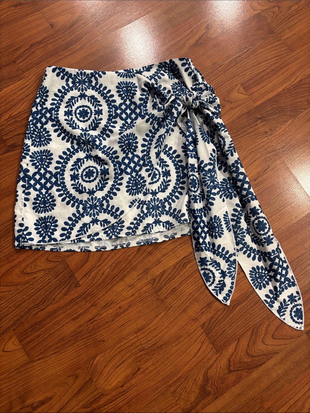 Blue and White Tie-Waist Mini Skirt